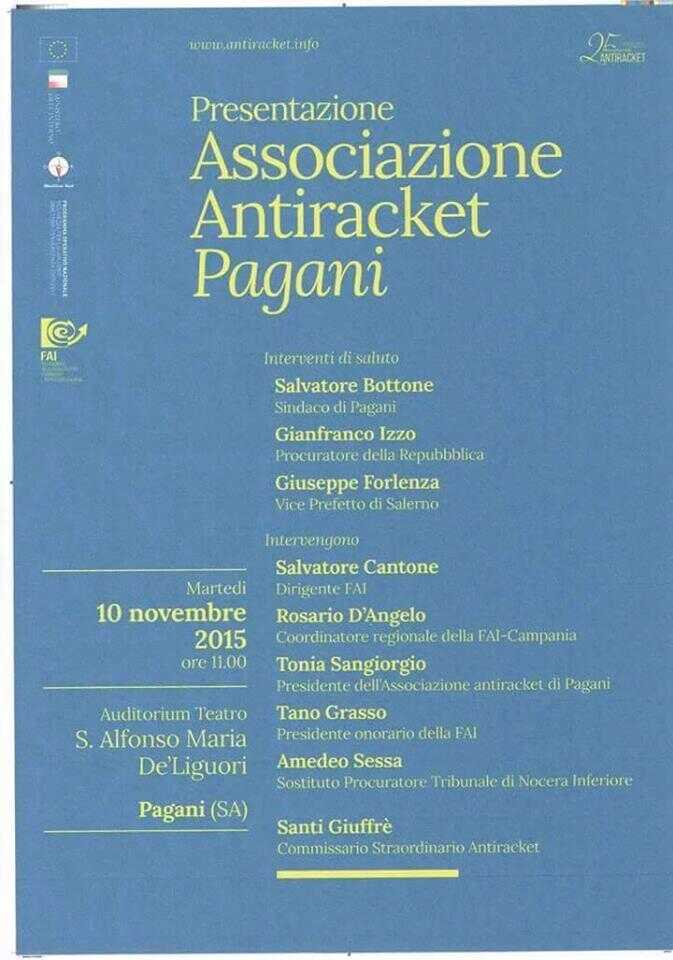 Pagani. Nasce l’associazione Antiracket, martedì 10 Novembre la presentazione all’Auditorium Pagani. Nasce l’associazione Antiracket, martedì 10 Novembre la presentazione all’Auditorium