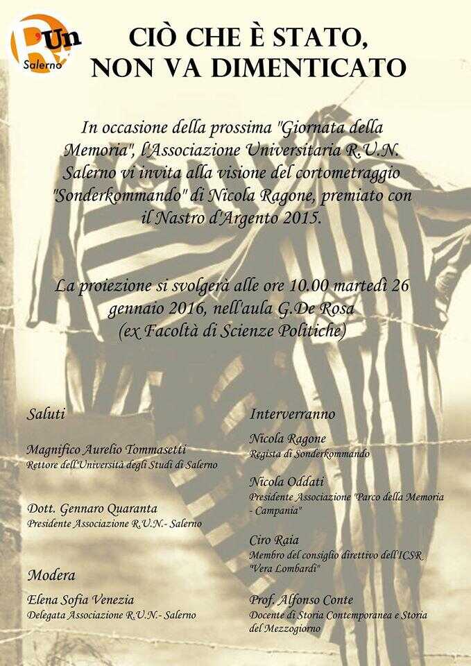 Unisa, Giornata della Memoria. Proiezione del corto “Sonderkommando”