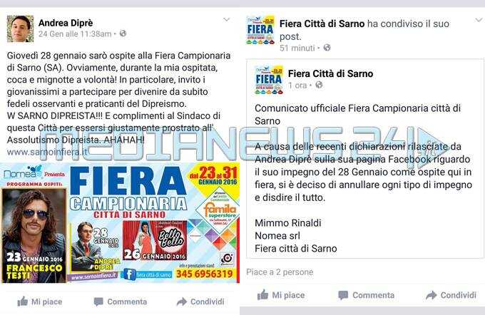 Diprè: a Sarno con “droga e mignotte”. Annullata la serata