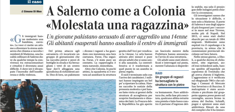 Quattordicenne molestata a Matierno, il quotidiano Il Giornale:”A Salerno come a Colonia”