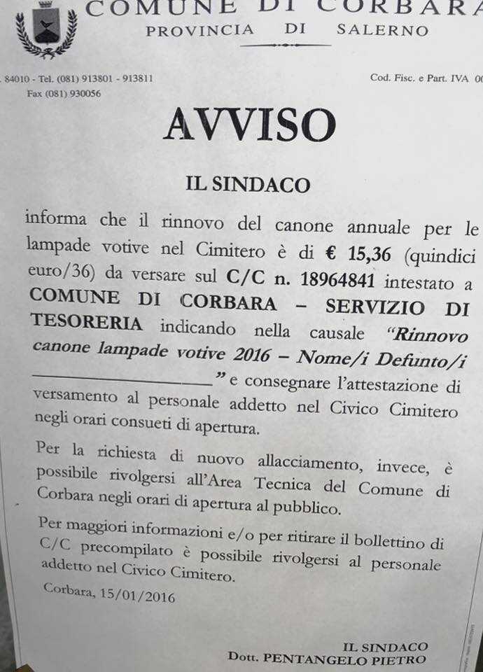 Corbara, lampade votive. Resta invariato il canone annuo