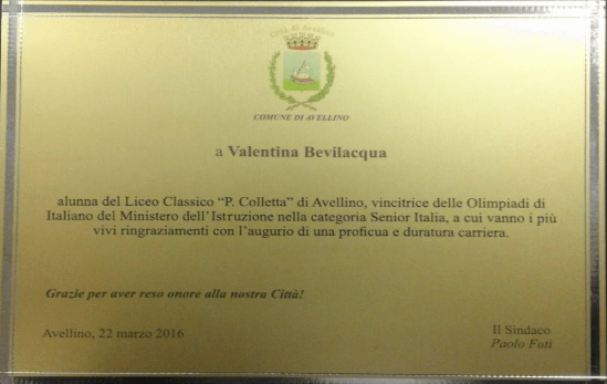 Avellino. Targa a Valentina Bevilacqua, vincitrice delle Olimpiadi di italiano