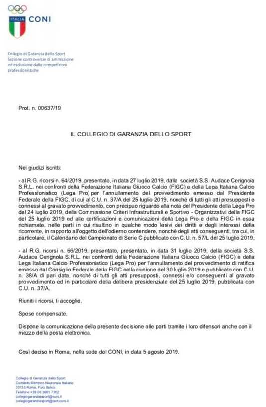 Cerignola in C, arriva il sì del Coni
