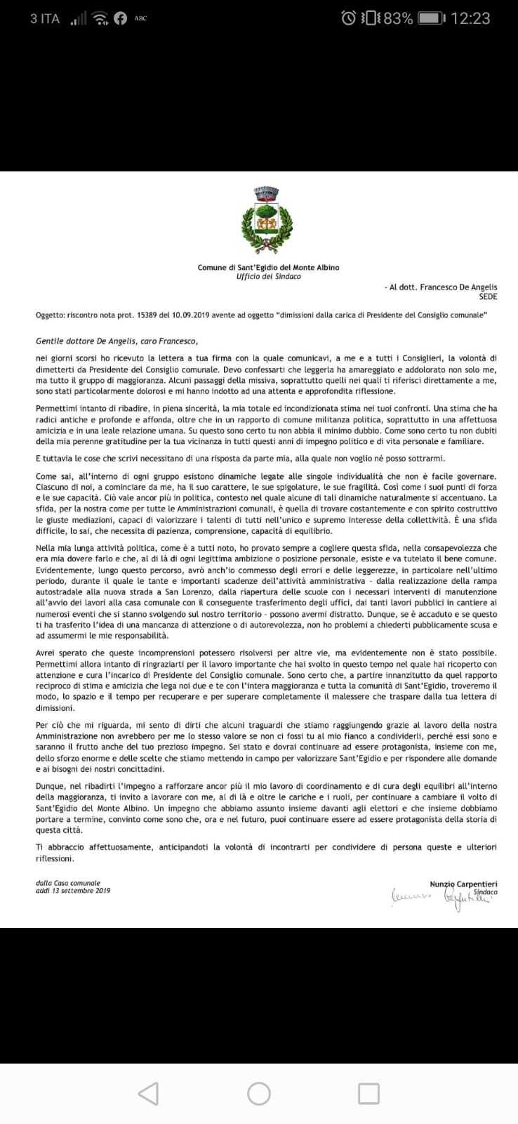 Sant’Egidio, Carpentieri scrive a De Angelis, che potrebbe ripensarci…