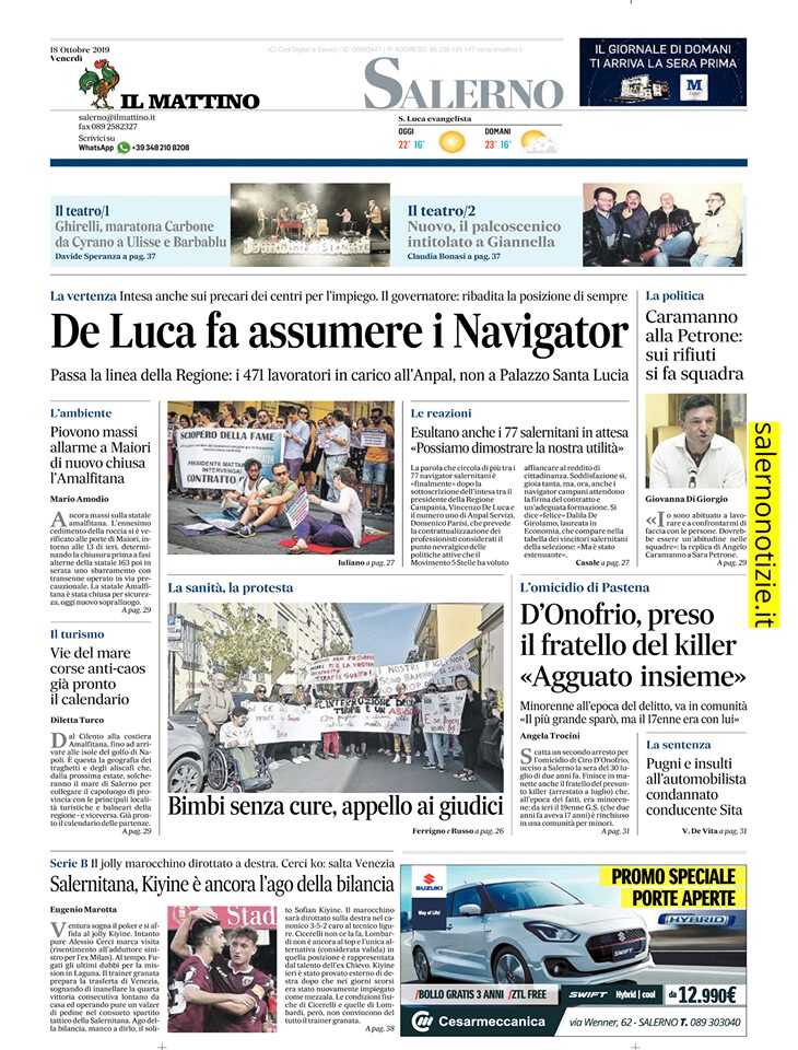 IL MATTINO, edizione Salerno, titoli e prima pagina