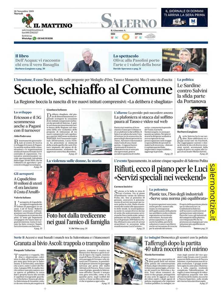 Il Mattino edizione Salerno, titoli e prima pagina