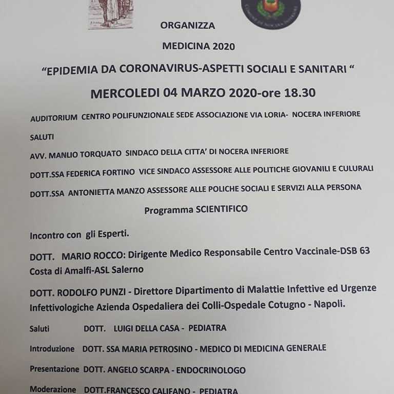 Nocera Inferiore, incontro a tema “L’ epidemia da coronavirus”