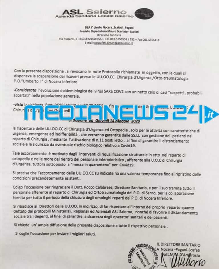 ASL Salerno – DEA – riapertura delle UU.OO.CC di Ortopedia e Chirurgia d’urgenza
