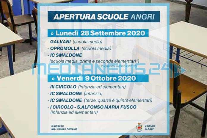 Angri – Al via delle lezioni nelle scuole cittadine, ecco giorni e istituti