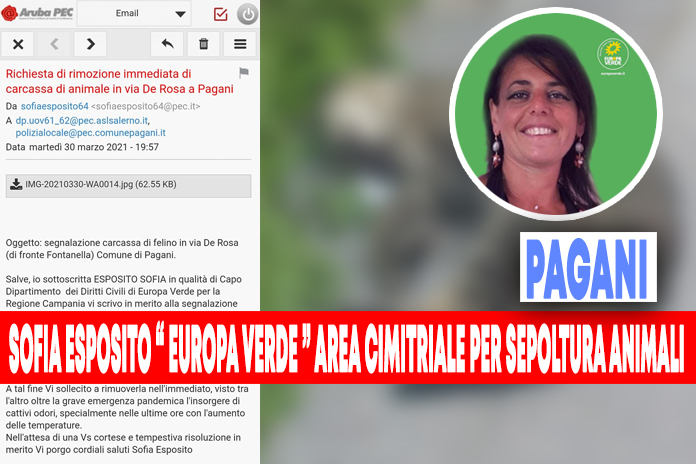 Pagani. Sofia Esposito: “Adibire un’area del Cimitero cittadino alla sepoltura degli animali”