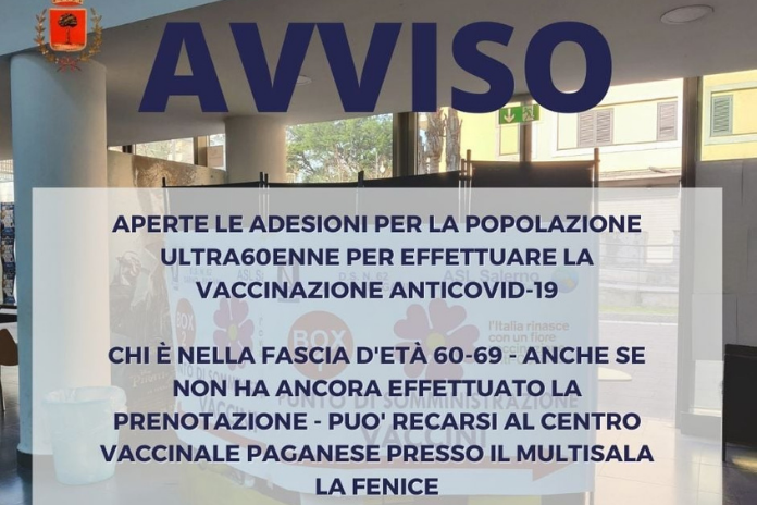 Pagani. Pronti per le somministrazioni del vaccino agli over 60. La nota del sindaco De Prisco