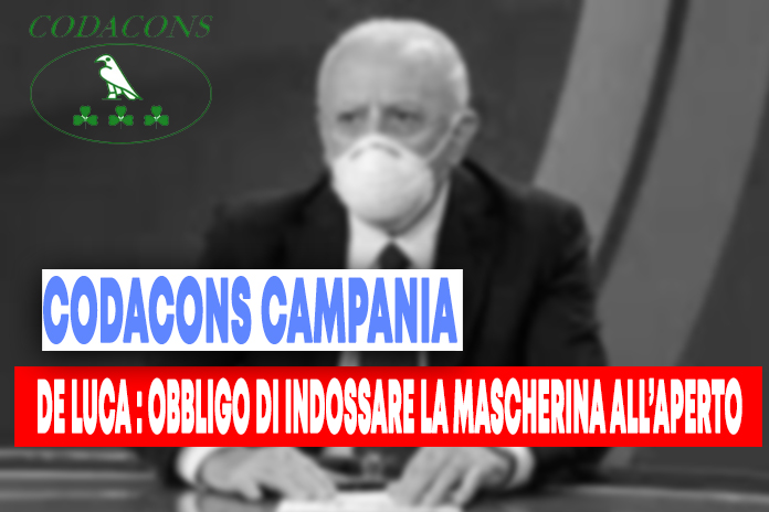 Codacons Campania diffiderà De Luca contro l’uso della mascherina