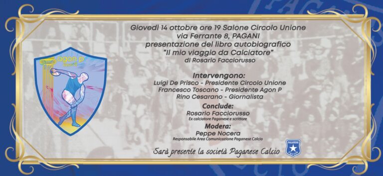 Pagani. Domani la presentazione del libro di Rosario Facciorusso “Il Mio Viaggio da Calciatore”