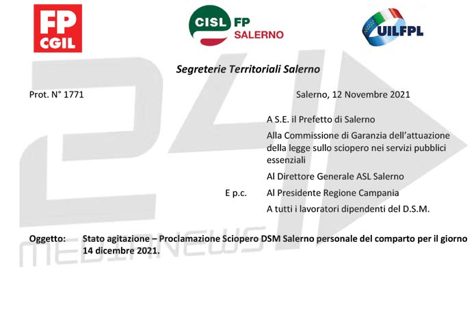 Stato agitazione. Proclamazione Sciopero DSM Salerno personale del comparto per il giorno 14 dicembre 2021