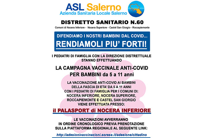 Roccapiemonte. Sindaco Pagano: “Al palasport di Nocera Inferiore le vaccinazioni per i bambini dai 5 agli 11 anni”