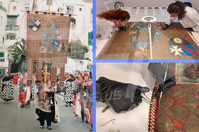 Amalfi. Restauro dei gonfaloni dell’antica repubblica marinara dipinti a mano dai pittori Roberto Scielzo e Mario Carotenuto