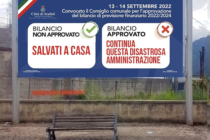 Scafati. Tabelloni pubblicitari 6×3, firmati dal Sindaco Salvati: “Votate il bilancio”, la nota di Grimaldi