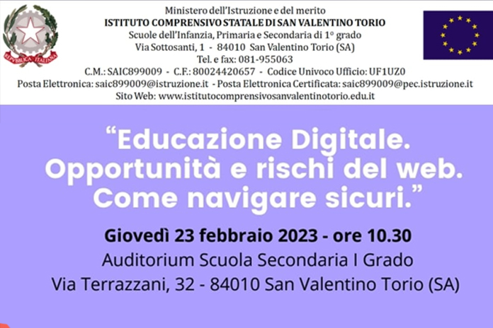 San Valentino Torio. “Educazione Digitale. Opportunità e Rischi del web. Come navigare sicuri”, con gli alunni dell’Istituto comprensivo statale: giovedì 23 febbraio 2023