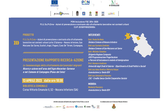 Nocera Inferiore:” La Fenomenologia dello sfruttamento dei lavoratori migranti”, il 13 aprile ore 10,30 presso la Biblioteca Comunale
