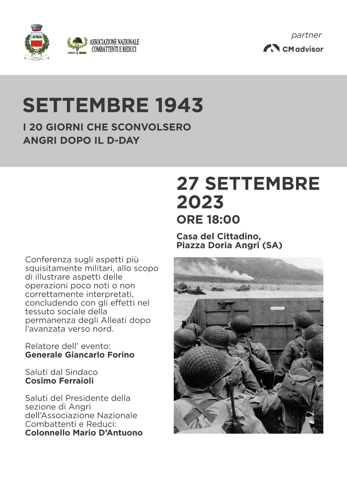 Al Palazzo Doria alle ore 18  si parlerà con Giancarlo Forino de “i 20 giorni che sconvolsero Angri dopo il D-Day”