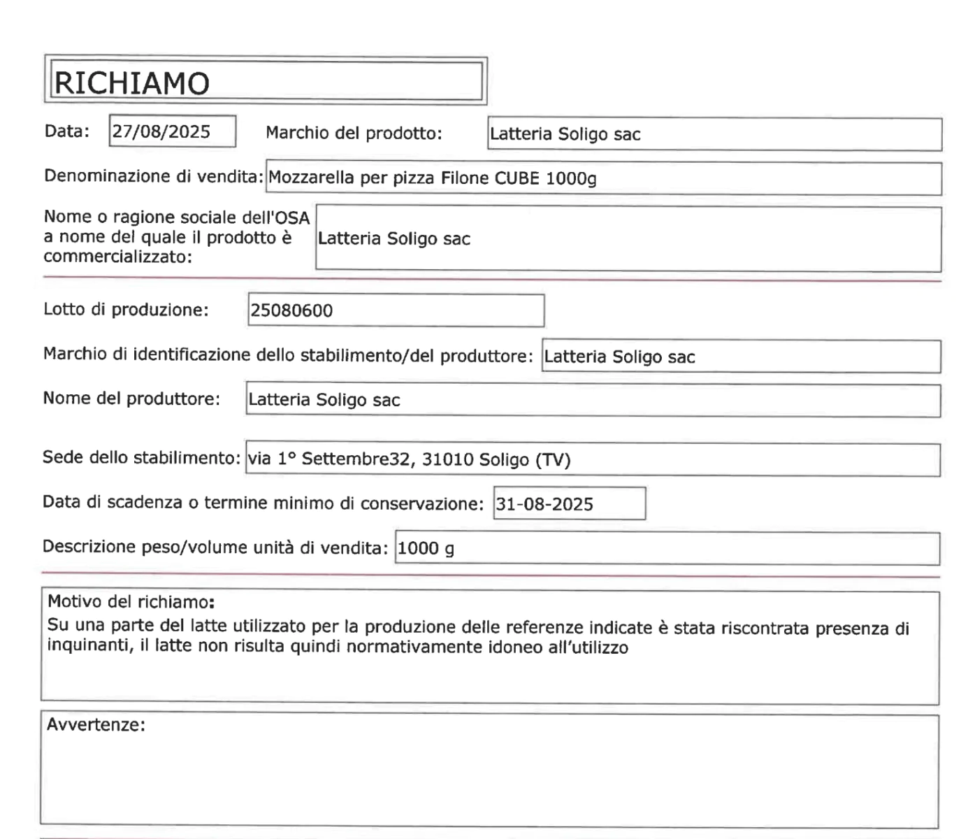 Mozzarelle avariate: ritirati dal mercato prodotti a marchio Soligo che scadono il 30 agosto