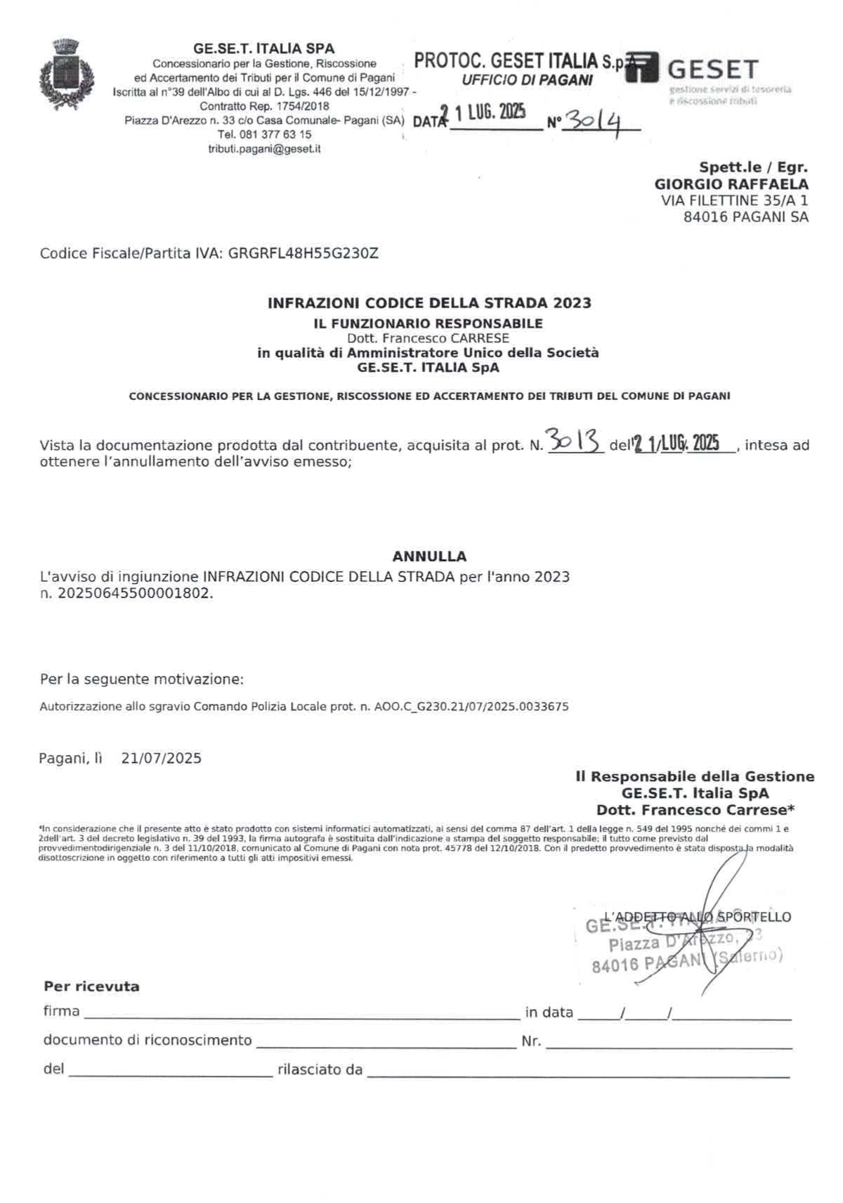 Pagani. Multe fantasma, il Comune annulla un’ingiunzione del 2023