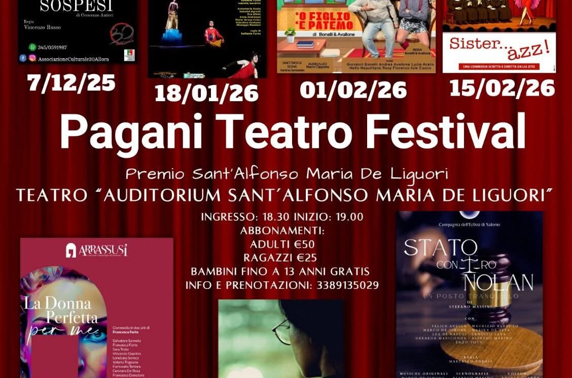 Parte la sesta rassegna del Pagani Teatro Festival, domani 26 ottobre all’Auditorium Sant’Alfonso Maria de Liguori