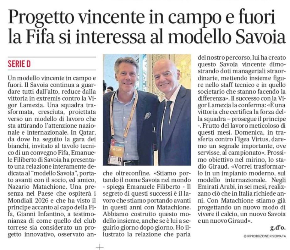 Savoia alla Conferenza FIFA, il modello calcio che funziona
