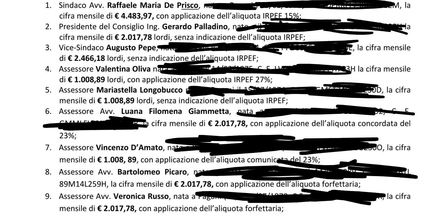 Pagani, il “cedolino” della giunta: indennità e l’impegno dei ruoli istituzionali