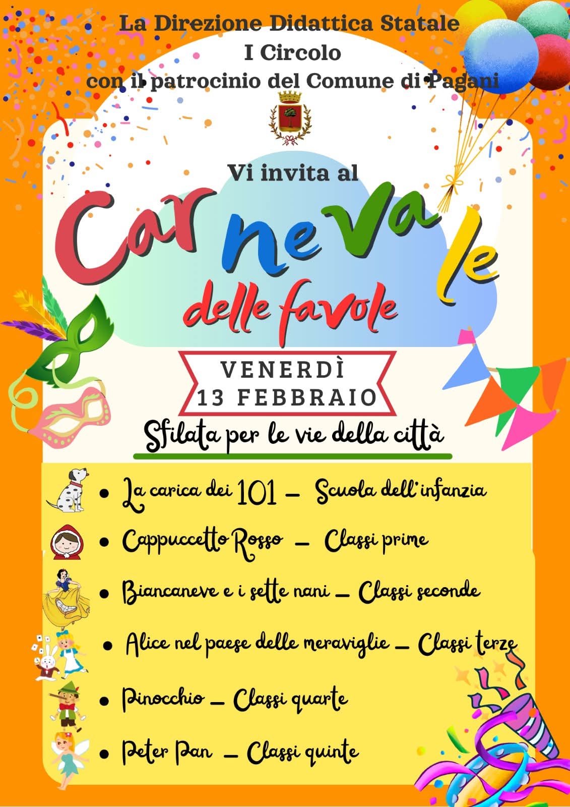 Pagani si colora di magia: la Direzione Didattica 1° Circolo festeggia il “Carnevale delle Favole”